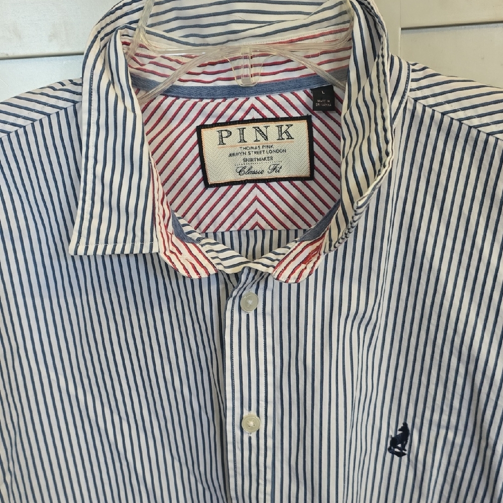 PINK Thomas Pink Men's Navy Striped Button-up Shirt Large GREAT Condition